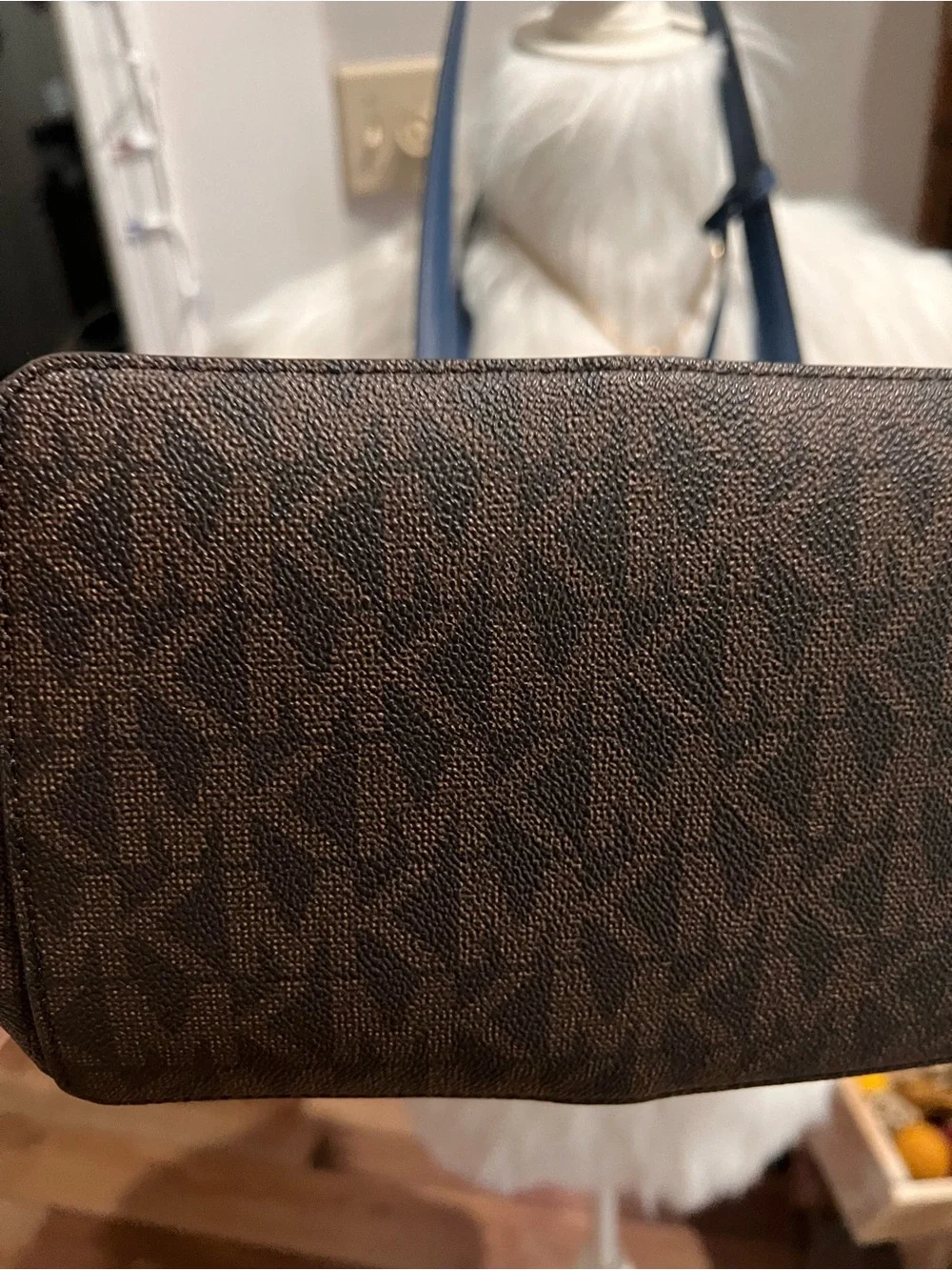 Michael Kors Brown Monogram Tote with Blue Trim and Gold Hardware